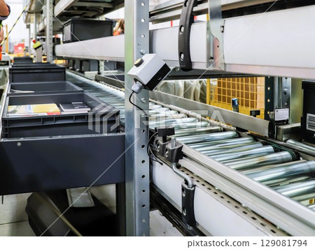 packing line in a logistics warehouse. conveyor belt in a modern production line 129081794