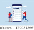 Businessman using mobile phone or smart phone to fill online survey checklist.customer feedback using internet concept flat vector illustration. 129081866