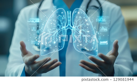 A doctor carefully examines a virtual lung x-ray projection with focused attention. The integration of advanced technology in medical diagnostics. Generative AI. 129081944