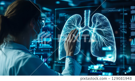 A doctor carefully examines a virtual lung x-ray projection with focused attention. The integration of advanced technology in medical diagnostics. Generative AI. 129081948