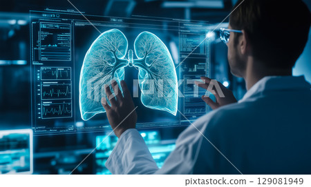 A doctor carefully examines a virtual lung x-ray projection with focused attention. The integration of advanced technology in medical diagnostics. Generative AI. 129081949