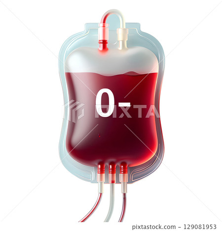 O- blood donation bag with red fluid and donor tag, universal donor concept for healthcare illustrations 129081953