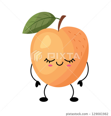 Adorable and Cute Cartoon Peach Character Featuring a Happy Expression and a Leafy Accent 129081982