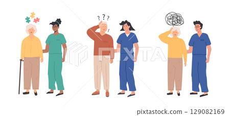 Set of elderly people experiencing cognitive challenges, confusion, and support from caregivers. Senior healthcare and assistance concept. Alzheimer dementia symptoms. Flat Style Vector Illustration. 129082169
