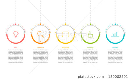 Colorful 5 step infographic timeline with circular icons and minimal design. Ideal for business presentations, workflows, processes, and marketing strategies. Colorful 5 step infographic timeline with circular icons and minimal design. Ideal for business presentations, workflows, processes, and marketing strategies. 129082291