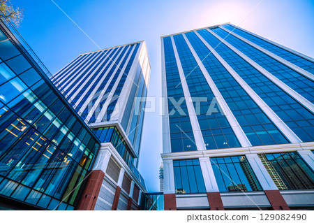 Yokohama cityscape in Japan, including the K Arena in Minato Mirai and the adjacent Hilton Yokohama 129082490