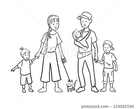 一家五口和一隻狗穿著休閒服散步 129082598