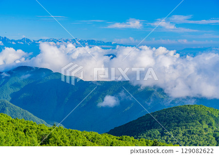 [長野縣]從日本最高的路邊站美原高原眺望北阿爾卑斯山 129082622