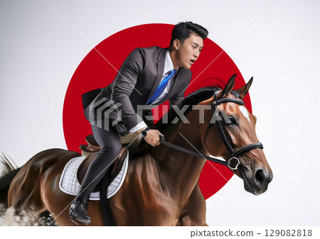 日本國旗和騎馬的商人 129082818