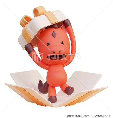 coming out of the gift box cartoon style 2026 new year red horse character 3D graphic 129082894