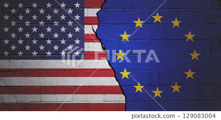 USA vs European Union - Cracked cinder block wall USA vs European Union - Cracked cinder block wall 129083004