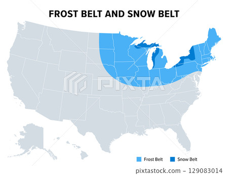 Frost Belt and Snow Belt of the United States, political map. Regions of cold winter climate with heavy frost and snowfall, and especially in the snow belt with heavy snowfall in form of lake-effect. Frost Belt and Snow Belt of the United States, political map. Regions of cold winter climate with heavy frost and snowfall, and especially in the snow belt with heavy snowfall in form of lake-effect. 129083014