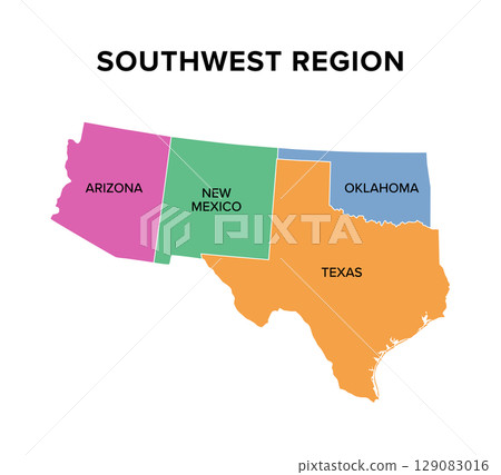 Southwest region of United States, colored map. Also Southwestern United States, American Southwest, or simply Southwest, a geographic region, consisting of Arizona, New Mexico, Oklahoma, and Texas. 129083016
