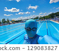 The sky, the pool, and their respective light blues 129083827