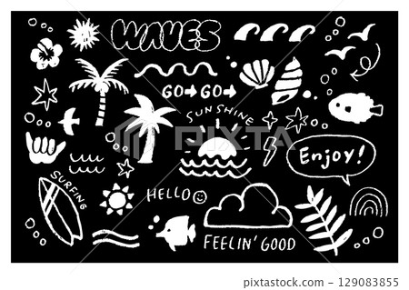 Set of monochrome ocean illustrations in black and white | Hand-drawn summer designs featuring waves, shells, palm trees, and ocean motifs 129083855