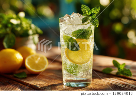 Fresh lemonade with mint and ice on wooden table 129084013