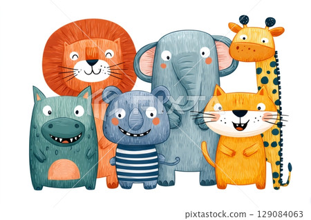 Cute cartoon animals posing together on white background Cute cartoon animals posing together on white background 129084063