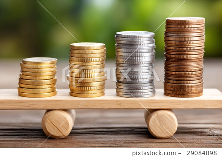 Balancing growing stacks of coins on wooden seesaw represents investment growth and financial stability 129084098