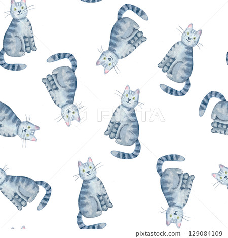 Sitting gray tabby cat with green eyes multidirectional seamless pattern. Cute watercolor illustration isolated on white. Perfect for children product, pet-themed design, greeting card, digital 129084109