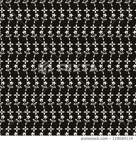 Vector black and white floral seamless pattern. Abstract minimal geometric ornament with flowers in oriental style. Simple monochrome background. Vector black and white floral seamless pattern. Abstract minimal geometric ornament with flowers in oriental style. Simple monochrome background. 129084119
