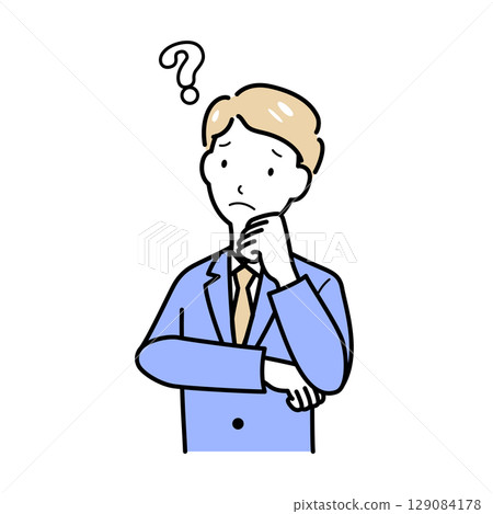 A man thinking with his hand on his elbow A man thinking with his hand on his elbow 129084178