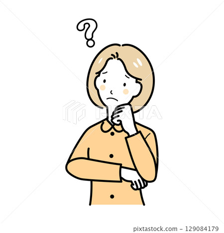 A woman thinking with her hand on her elbow A woman thinking with her hand on her elbow 129084179