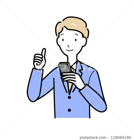 一名男子手裡拿著智慧型手機,發出好兆頭 一名男子手裡拿著智慧型手機,發出好兆頭 129084180