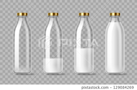 Glass milk bottles with different fill levels Glass milk bottles with different fill levels 129084269