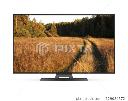 Smart tv with country road in a field on the screen Smart tv with country road in a field on the screen 129084372