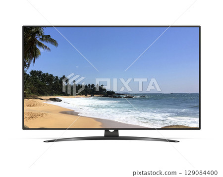 Smart tv with tropical ocean beach on screen 129084400
