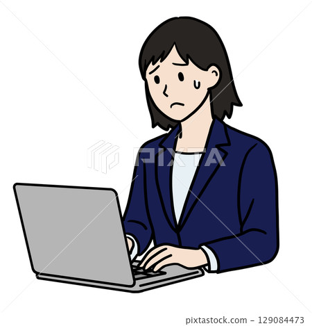 一位女士在電腦前工作時表情憂慮 129084473