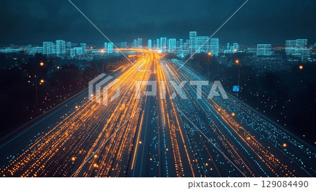 Speed of data concept with highway light streaks and city blur . 129084490