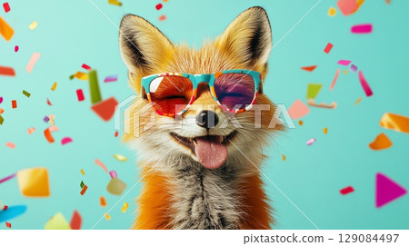 Fox in party glasses tossing confetti in the air . Fox in party glasses tossing confetti in the air . 129084497