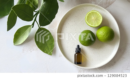 Bergamot essential oil next to fresh bergamot fruit on a white ceramic plate . 129084523
