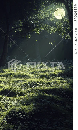moonlight casting shadows on quiet forest floor. 129084559
