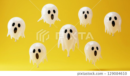 Playful cartoon ghosts on bright yellow. Halloween background design and spooky themes. 129084610