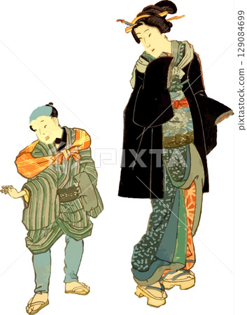 父母與孩子散步的浮世繪素材 129084699