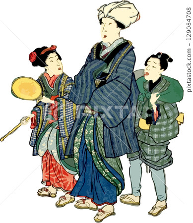 Ukiyo-e material of parents and children enjoying a festival Ukiyo-e material of parents and children enjoying a festival 129084708
