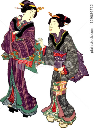 Ukiyo-e print of two women enjoying a festival with a chigi box Ukiyo-e print of two women enjoying a festival with a chigi box 129084712