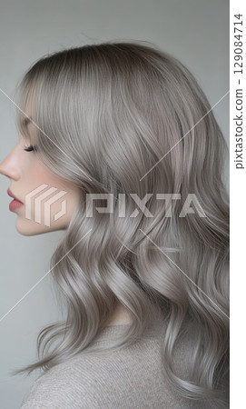 Natural gray waves, mid-length, pale background. 129084714