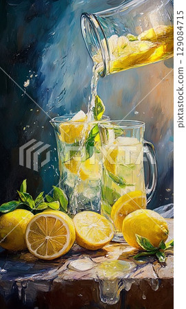 fresh lemonade pour from pitcher into glass. 129084715