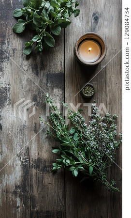 Rustic wooden table with fresh herbs and a candle. 129084734