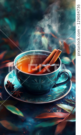 Cup of hot tea with cinnamon sticks. 129084736
