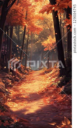 A peaceful forest trail with autumn leaves on the ground. 129084745