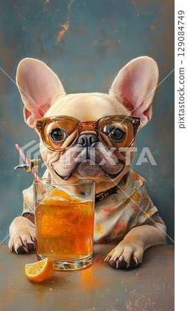 french bulldog in glasses with cider. french bulldog in glasses with cider. 129084749