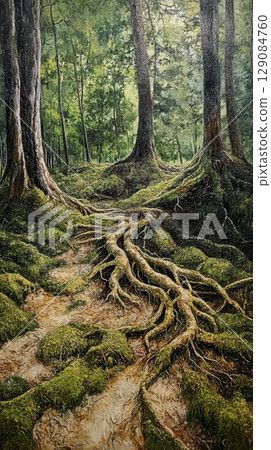 tree roots twisting through forest floor moss. 129084760