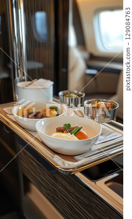 personalized tray labeled passenger name and dishes. 129084763