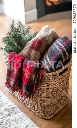 rustic basket stuffed with warm plaid throws. 129084770