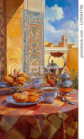Moroccan tea and pastries, terrace scene. 129084786
