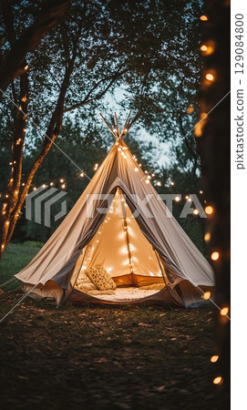 Camp tent with fairy lights at dusk. 129084800